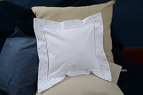 Hemstitch Baby Square Pillows 12x12" with French Blue Polka Dots